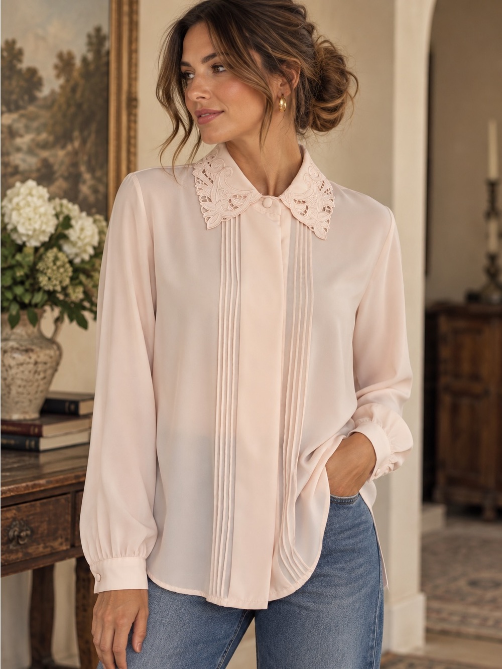 Yves St. Clair Blush Pink Size 12 Blouse Cutwork Collar French Girl Coquette
